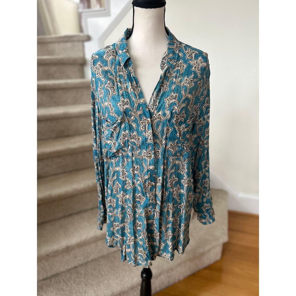 Pilcro Teal Floral Button-Down Shirt